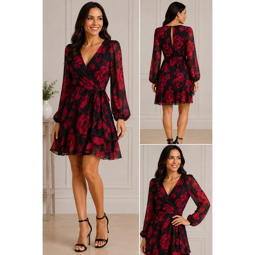 NWT Macys Black Red Rose Floral Rhinestone Wrap Dress XS Dark Romance Whimsigoth